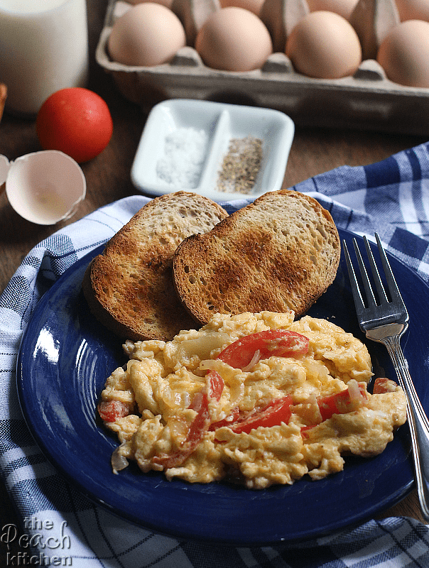 Onion and Tomato Scrambled Eggs Made with Healthy Options All-Natural Eggs