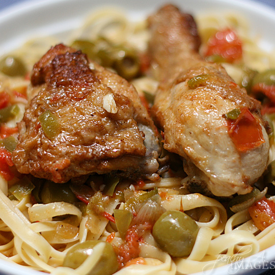 Chicken with Olives on Linguine