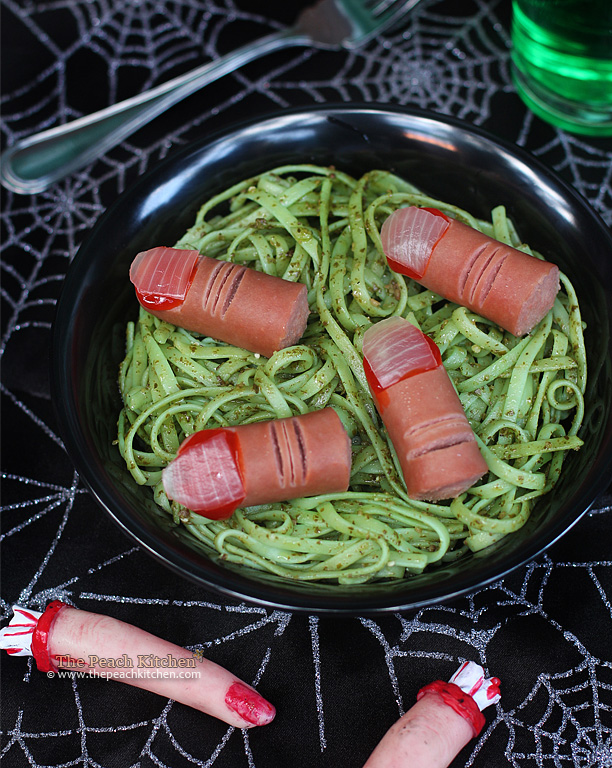 halloween pasta recipe swamp pesto with severed fingers | www.thepeachkitchen.com