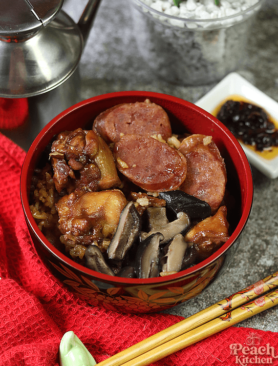 Rice Cooker Chicken Chinese Sausage and Mushroom Rice
